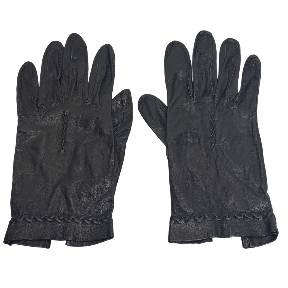 VTG Leather Driving Gloves Black Braided Trim Winter Classic Womens Small